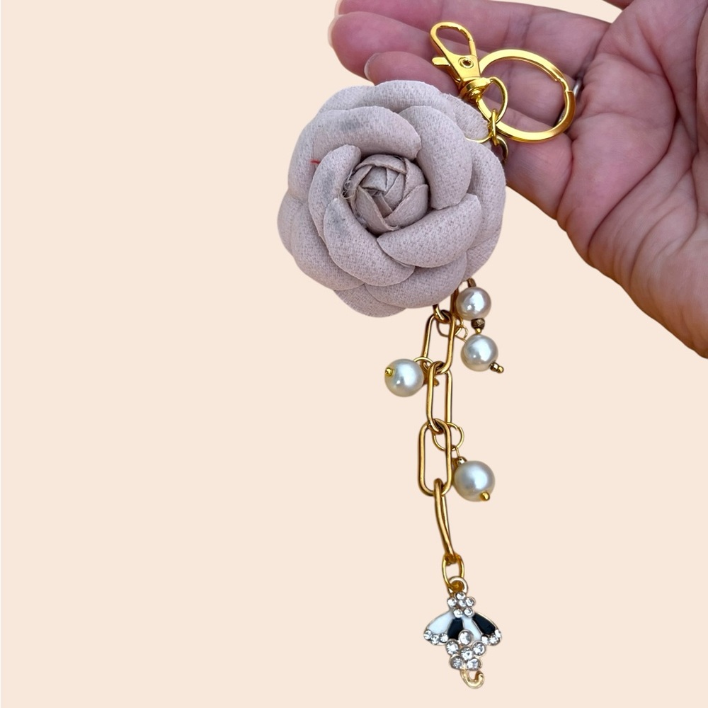 Blush Leather Flower Keychain with Pearl & Crystal Charm